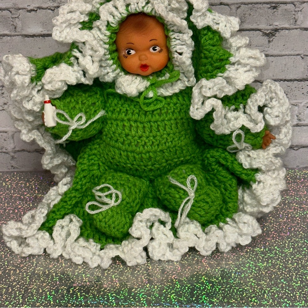 Vintage Crochet Doll Bottle Green White Thumb Sucking Blanket Handmade - Picture 6 of 13